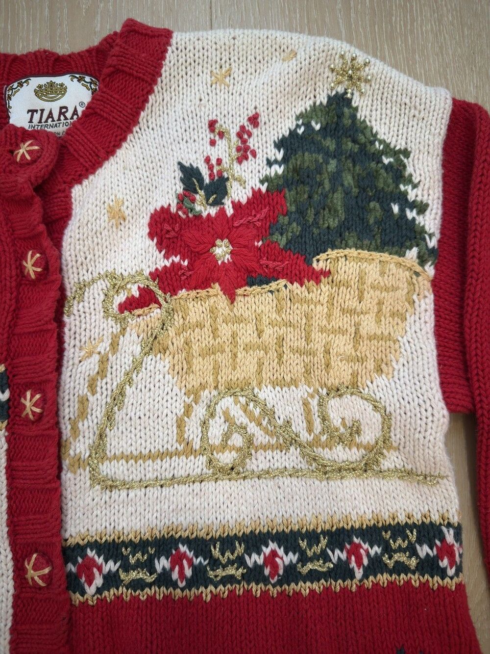 VTG Y2K Tiara International Christmas Cardigan Ugly Grandma Sweater S Patchwork - Picture 11 of 15